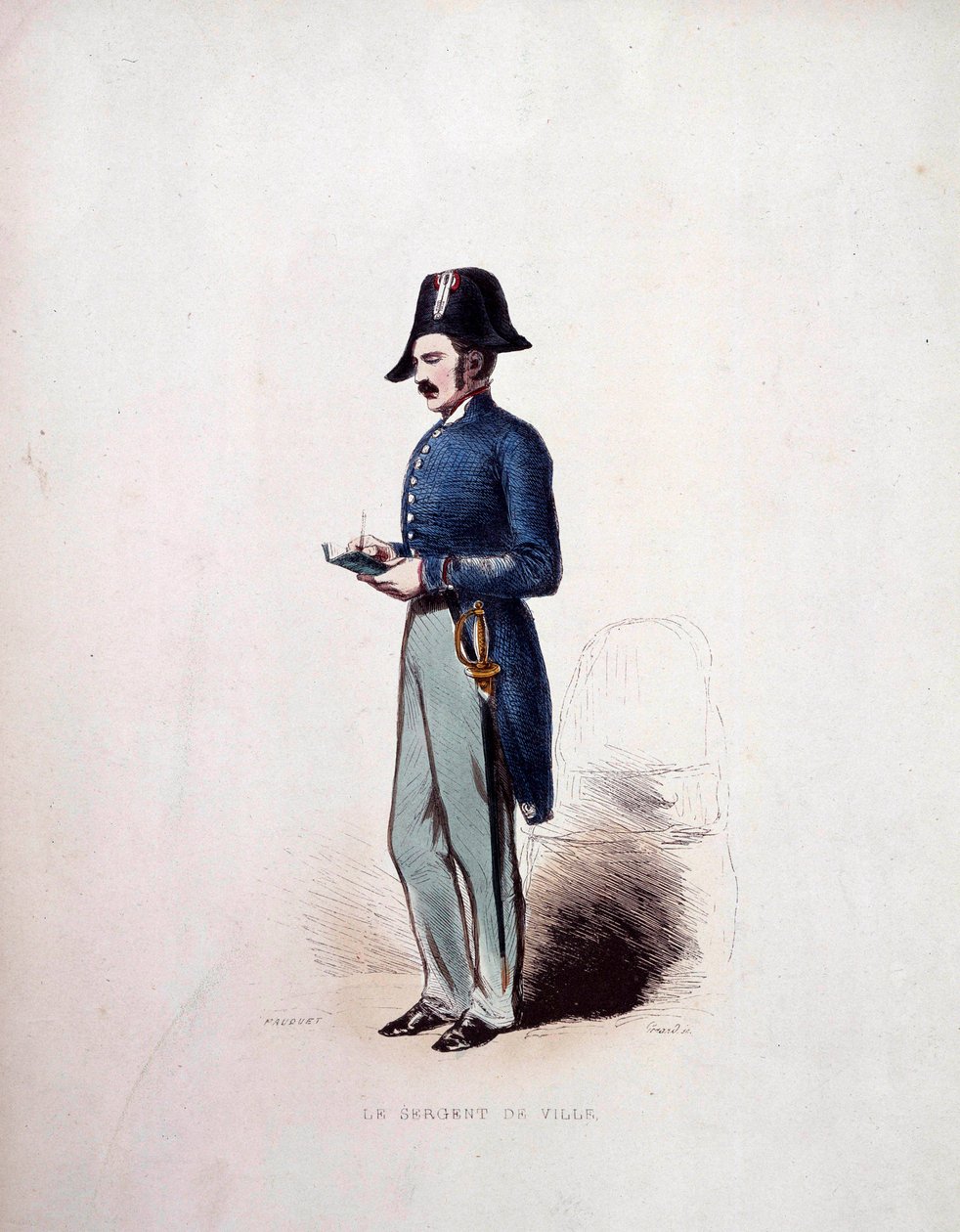 Heinäkuun monarkian (1830-1848) poliisivoimien jäsenen kaupunkikersantti univormu 1800-luvulla tekijältä French School