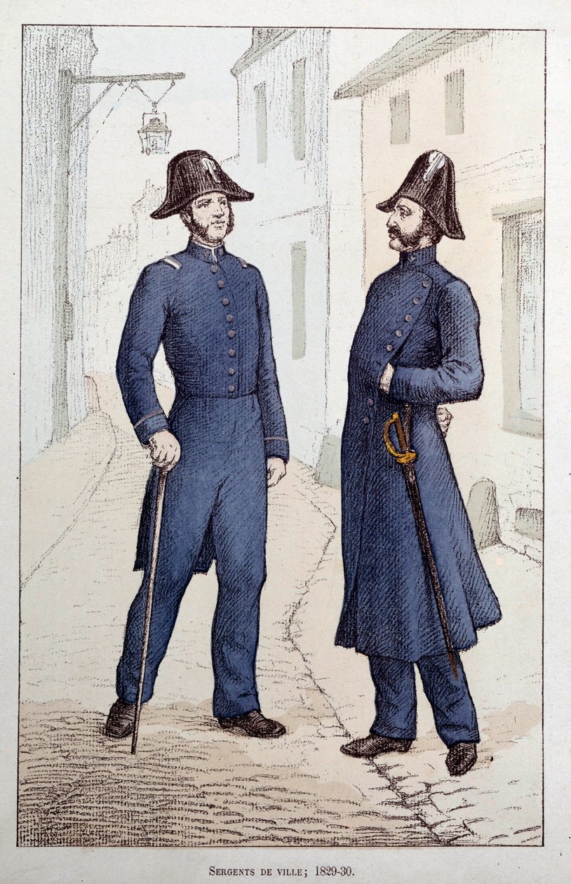 Kaupungin kersantit. Kaksi lainvalvontaviranomaista puhuvat. Litografia noin 1829-1830 Prefecture de Police, Paris tekijältä French School