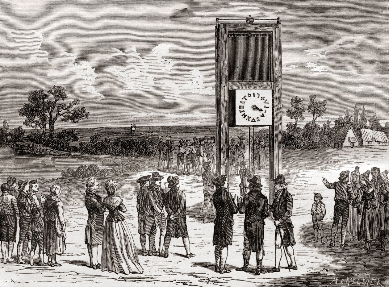 Claude Chappe esittelemässä ensimmäistä ilmasähköttelijäjärjestelmäänsä vuonna 1791, julkaisusta Les Merveilles de la Science, noin 1870 (kaiverrus). tekijältä French School
