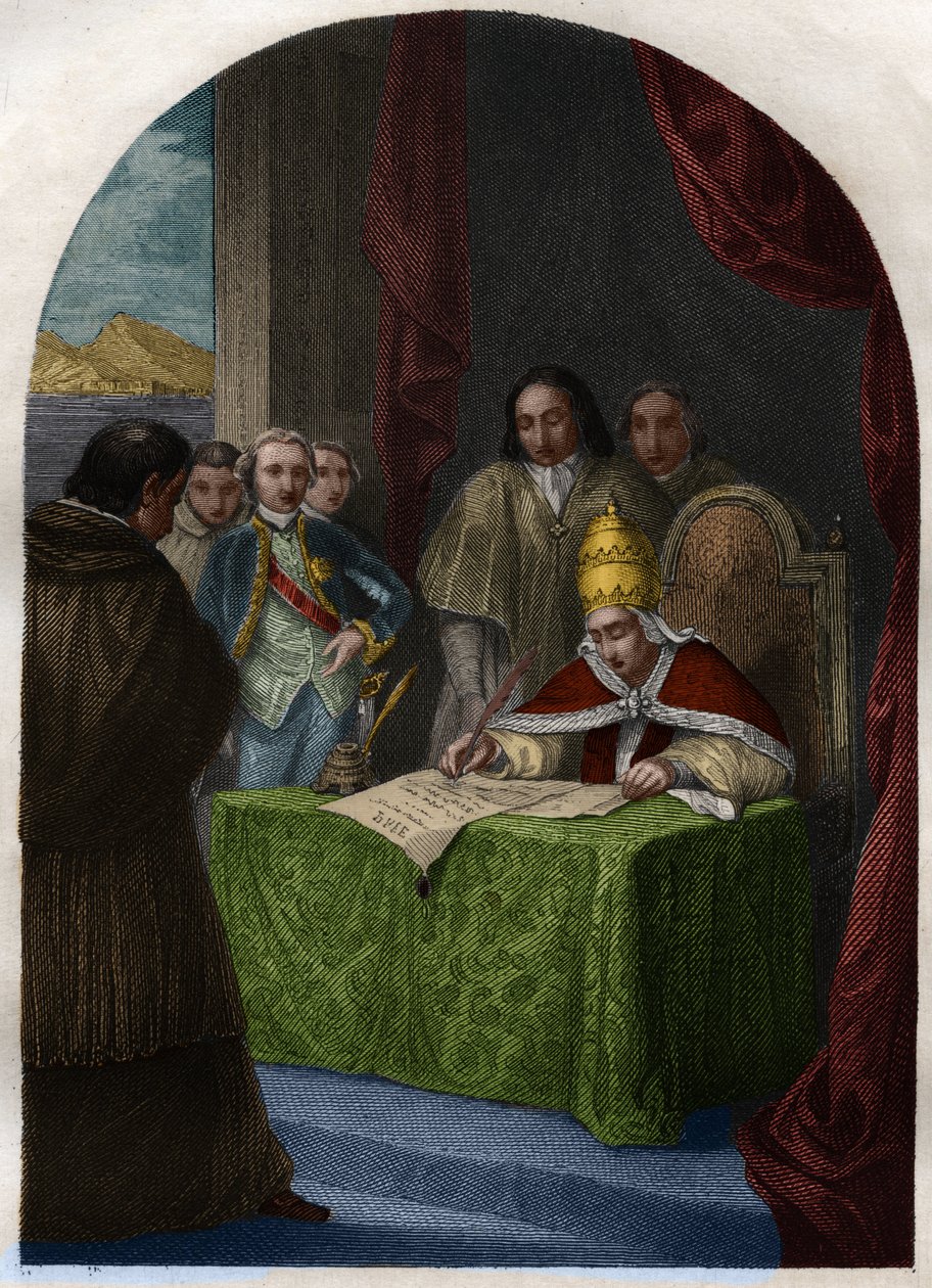 Clement XIV (Clemente tai Clemens) (1705-1774), joka lakkautti jesuiittayhdistyksen 21. heinäkuuta 1773. Kaiverrus vuodelta 1842 kirjaan "Histoire des Popes: rikokset, murhat, myrkytykset, murhat, aviorikokset, insesti..." Maurice Lachatre. Yksityinen koko tekijältä French School