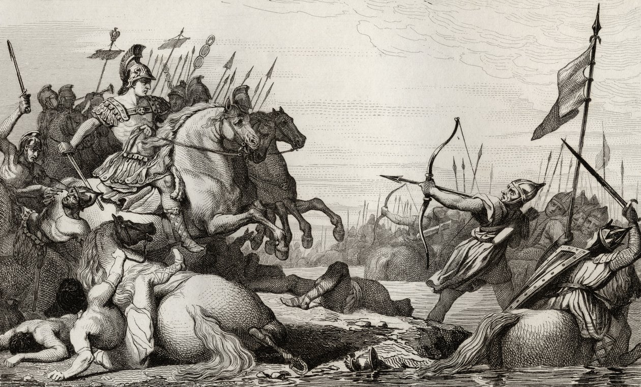 Clodion, The Hairy (n. 428-47) Retreats Across the Bridge Aetiuksen tappion jälkeen, Colartin "Histoire de France" -kirjasta, julkaistu n. 1840 tekijältä French School