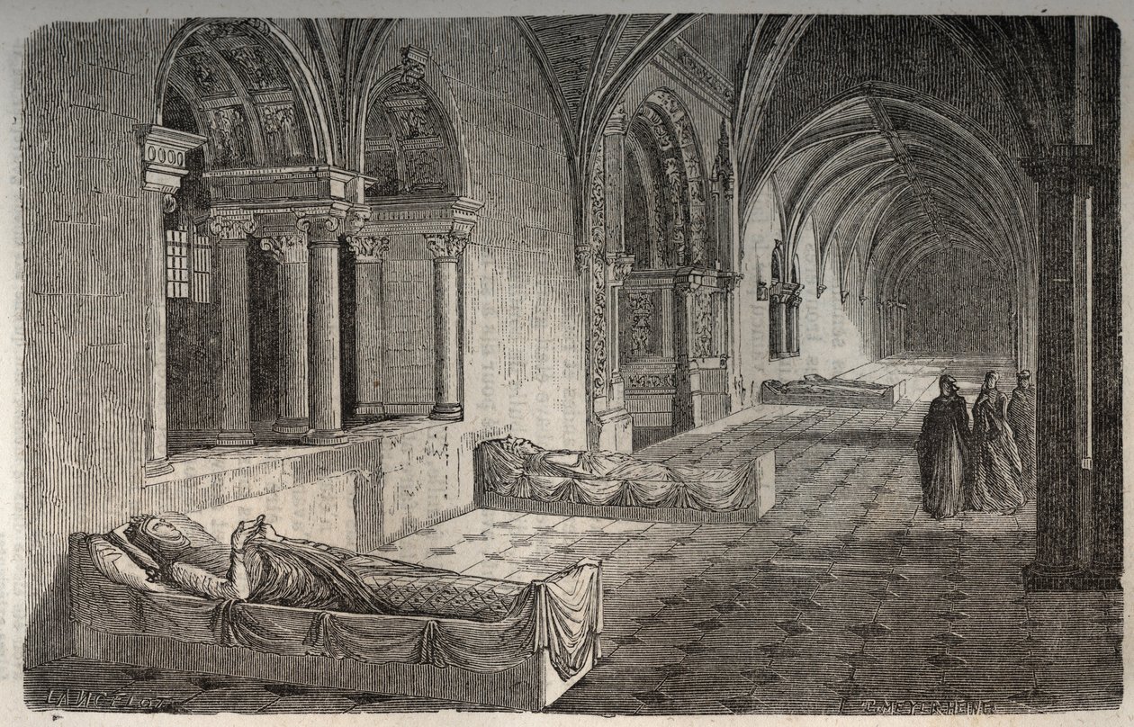 Fontevraultin luostari Henri II - Eleonore de Guyennen patsaineen - kaiverrus Victor Duruyn (1811-1894) "Histoire de France" -kirjoitukseen - 1882 tekijältä French School
