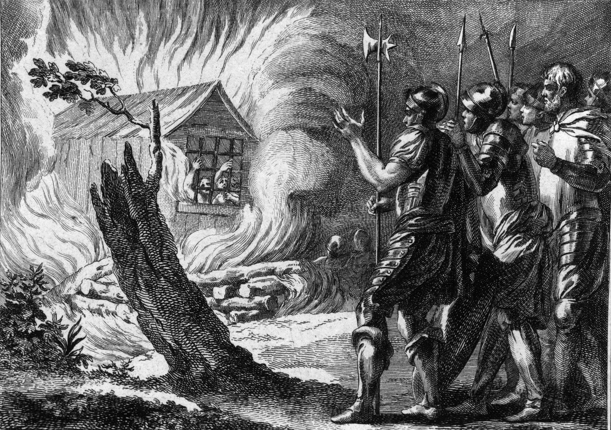 Clotaire (Clothaire) I (497-561), frankkien kuningas, poltti poikansa Chramnen mökissä, joka kapinoi häntä ja hänen perhettään vastaan. Noin 560. Kaiverrus 1700-luvulta. tekijältä French School