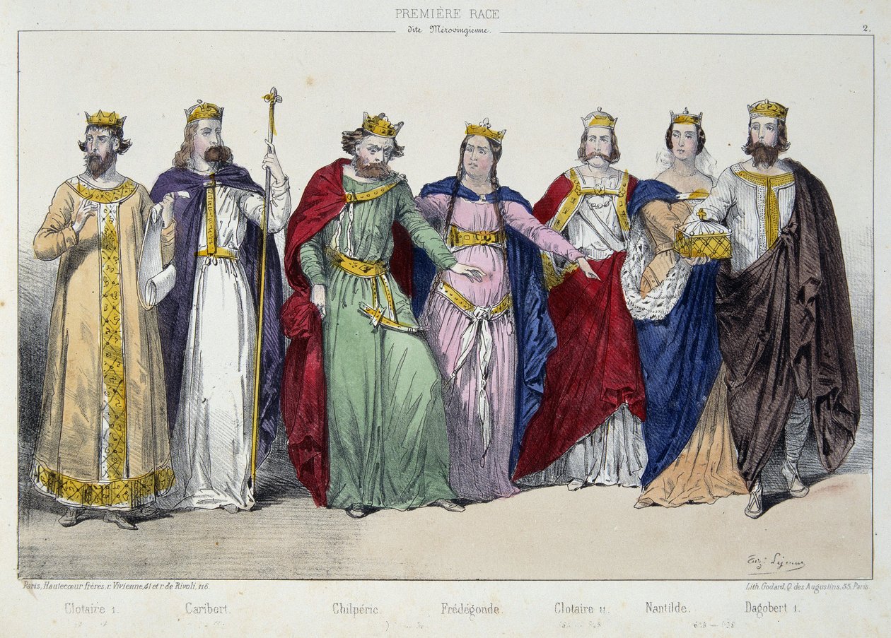 Clotaire (Clothaire) I, Caribert, Chilperic, Fredegonde, Clotaire II, Nantilde, Dagobert I - teoksessa "La monarchy francaise en estampes" tekijältä French School