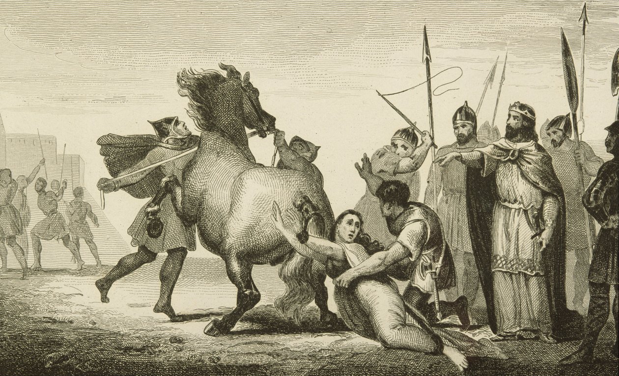 Clotaire II (584-629) kuningatar Brunhildan (k.613) teloittamisessa Colartin teoksesta "Histoire de France", julkaistu n. 1840 tekijältä French School