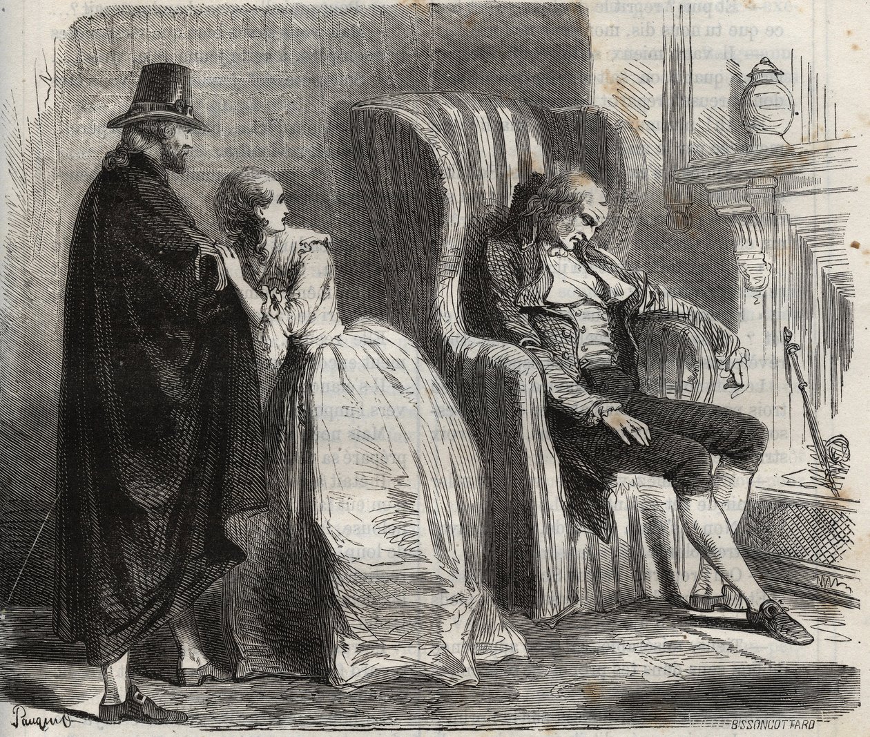 Clotilde Sprengel ja Zacharie Bergmann katsovat saksalaista lääkäriä Petrus Schultzia nukkumassa 1700-luvun edessä. Kaiverrus vuodelta 1871 Henry de Kockin (1819-1892) teokseen "Histoire Des Cocuses Celebres". tekijältä French School