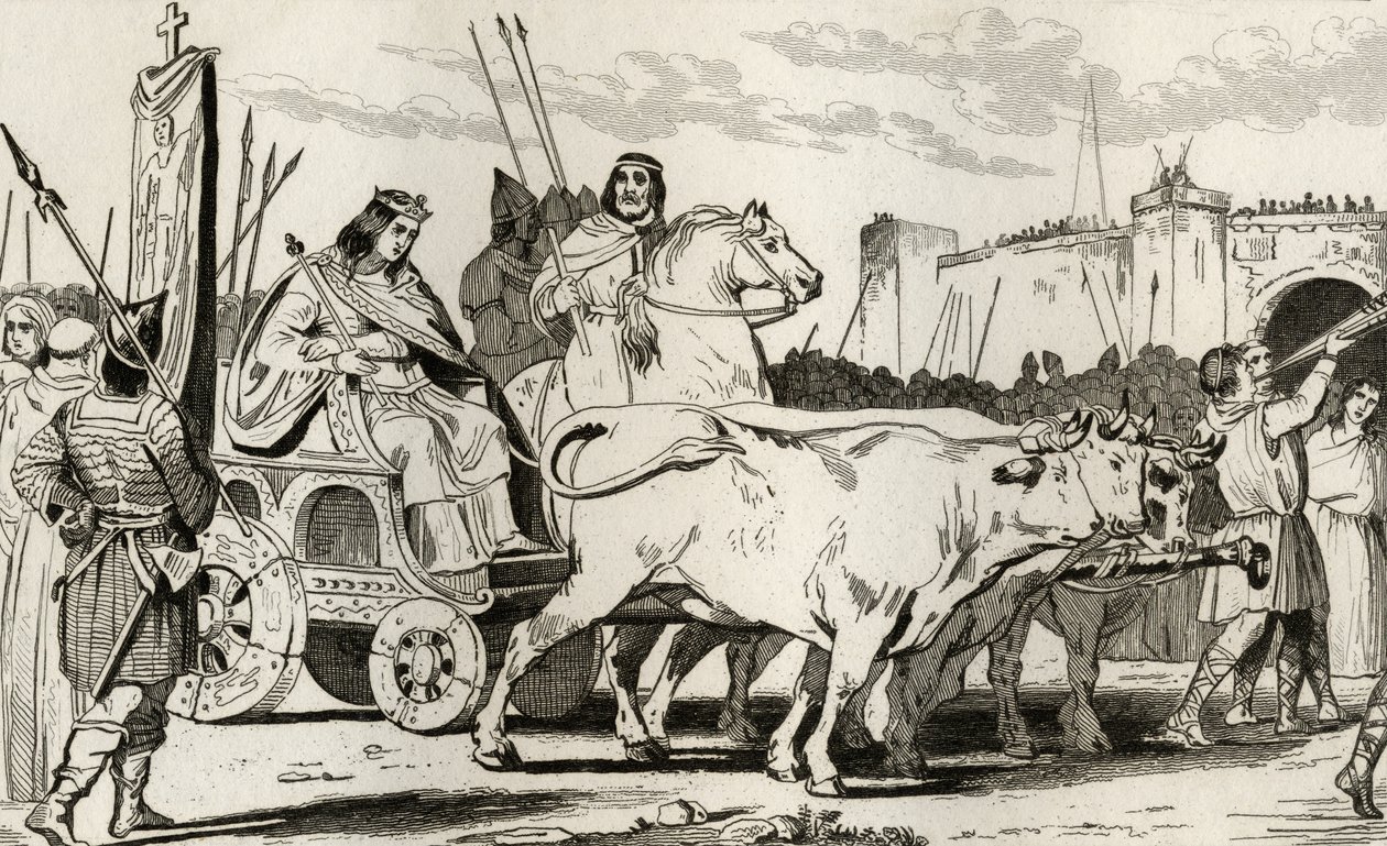 Clovis III (682-95) härän vetämässä vaunussa, Herstalin Pepin II (n. 714) Riding Alongside Him, Colartin Histoire de Francesta, julkaistu n. 1840 tekijältä French School