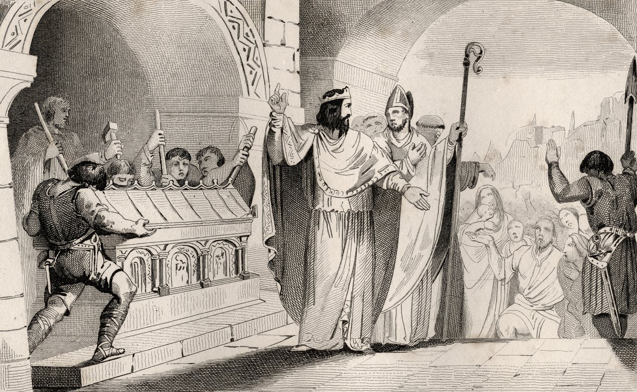 Clovis II (635-57) Hopeaa ja kultaa pyhäkön ruokkimiseksi, Colartin "Histoire de France", julkaistu n. 1840 tekijältä French School