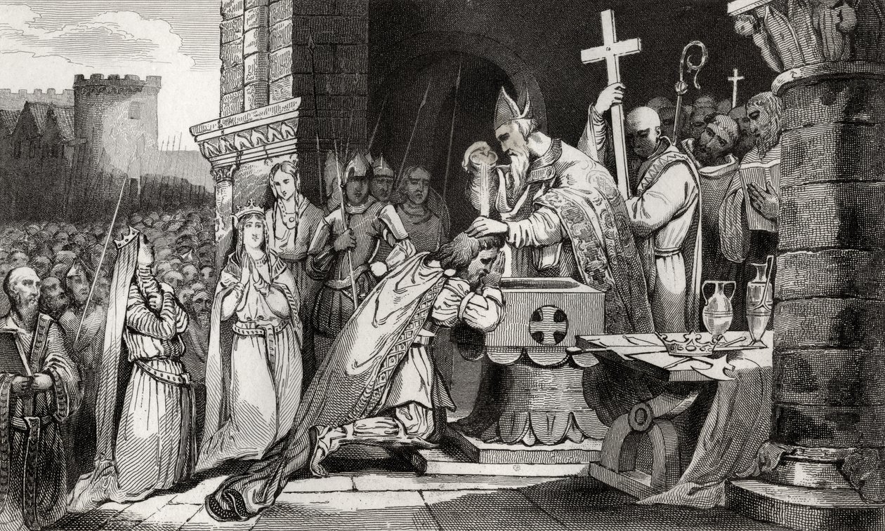 Clovis I (465-511) kastettiin armeijansa miehillä ennen Tolbiacin taistelua, Colartin teoksesta "Histoire de France", julkaistu n. 1840 tekijältä French School