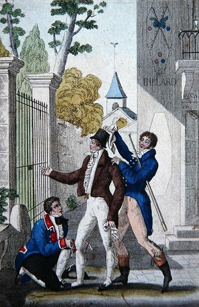 "Clozel, Pelissier ja Armand" näytöksessä III, kohtaus 7 Louis-Benoit Picardin komediassa "Les Deux Philibert" (värilitho) tekijältä French School