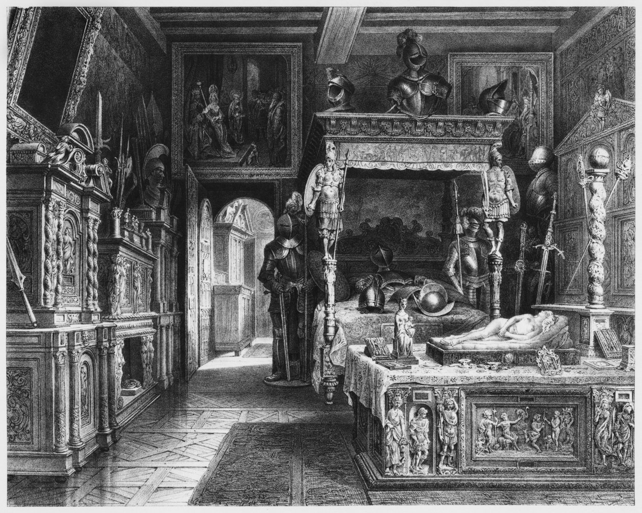 Cluny Hotel and Museum, Francois I:n huone, Pariisi, kuvitus Atlasista, Les Arts du Moyen Age... kirjoittanut Alexandre du Sommerard (1779-1842) 1840 tekijältä French School