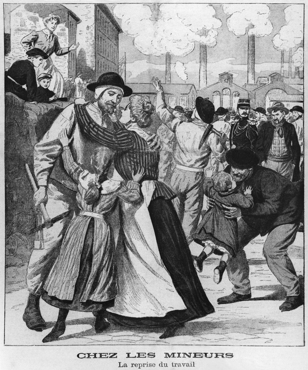 Hiilikaivostyöntekijät palaavat töihin, kuvitus Le Petit Journalista, 1900-luvun alku tekijältä French School
