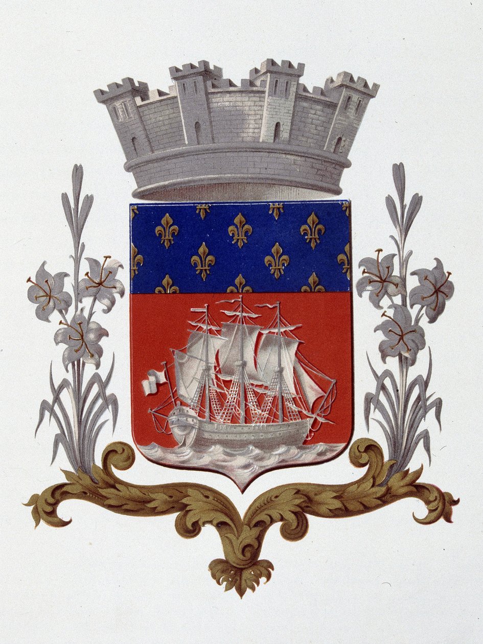 Pariisin kaupungin vaakuna: Royalty (Louis XVIII ja Kaarle X) - Patenttikirjeet päivätty 20. joulukuuta 1917 - kirjassa "Armorial National de France", kirjoittanut H. Traversier, Pariisi tekijältä French School