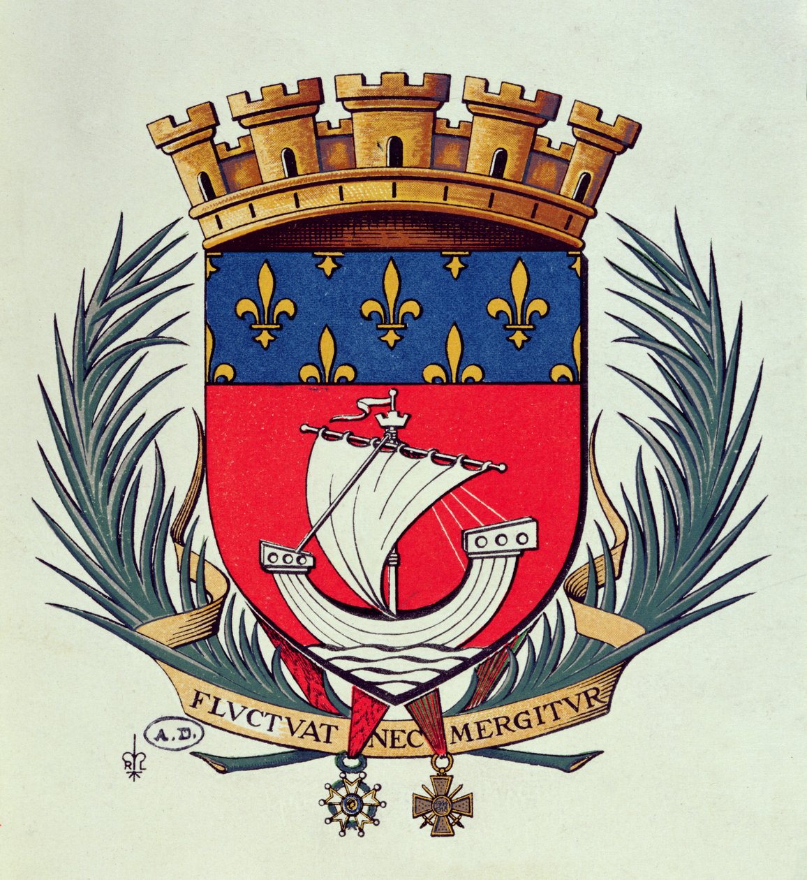 Pariisin kaupungin vaakuna, jonka tunnuslause on Fluctuat Nec Mergitur (aallot heittelevät, hän ei uppoa) tekijältä French School