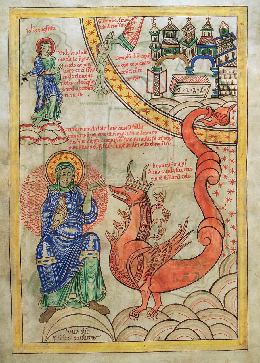 Turska. Guelf. 1 Gud. lat. (14v), The Scarlet Woman, Mother of Abominations kohtaamassa Apokalypsin pedon, Liber Floriduksesta, Lambert de Saint-Omer n. 1120 tekijältä French School