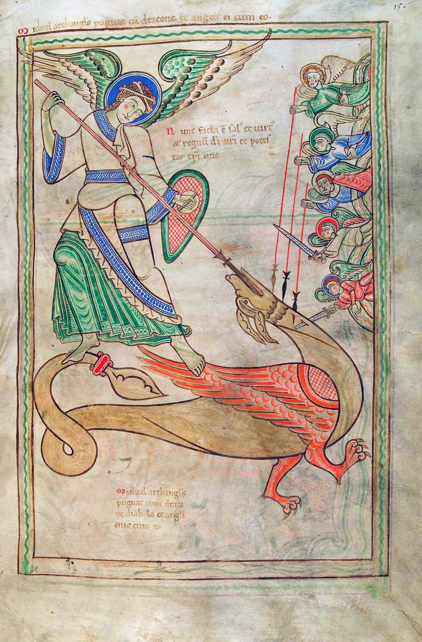 Turska. Guelf. 1 Gud. lat. 15r, Saint Michael Fighting the Dragon, Liber Floriduksesta, Lambert de Saint-Omer n. 1120 tekijältä French School