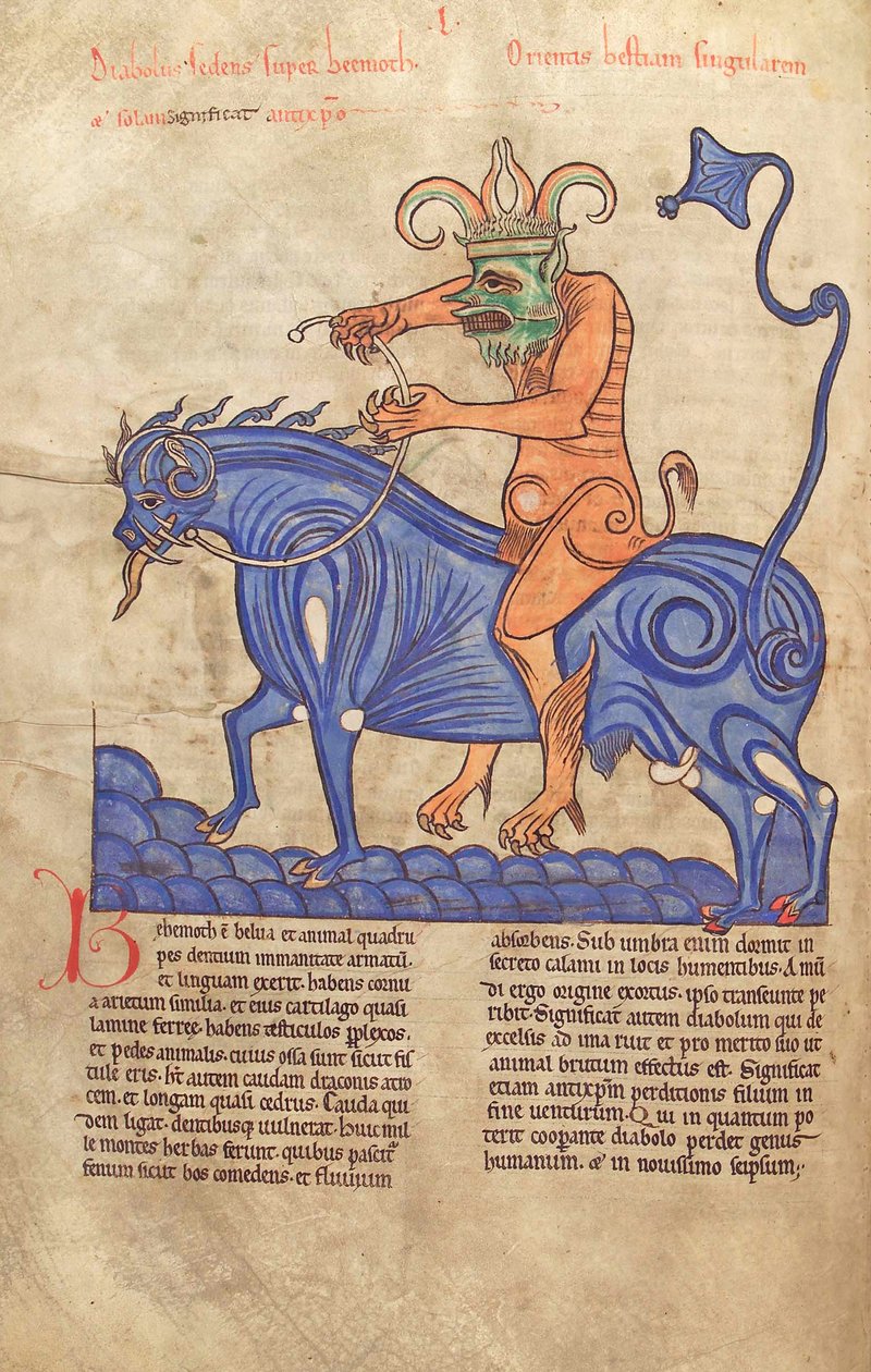 Turska. Guelf. 1 Gud. lat. 41V, Saatana ratsastaa Behemotilla, Liber Floridusista, kirjoittanut Lambert de Saint-Omer n. 1120 tekijältä French School