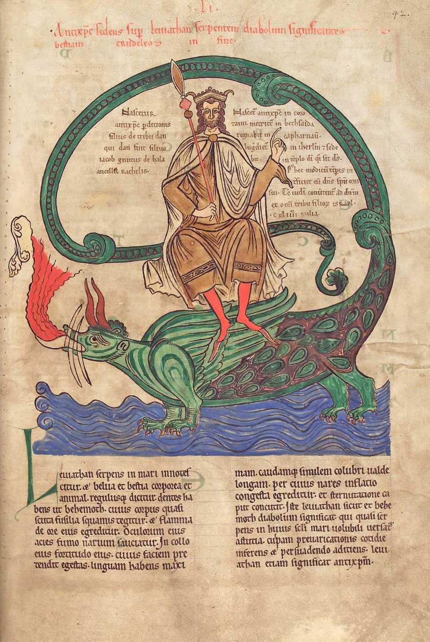 Turska. Guelf. 1 Gud. lat. 42r, Antikristus ratsastaa Leviathanilla, Liber Floridusista, kirjoittanut Lambert de Saint-Omer n. 1120 tekijältä French School