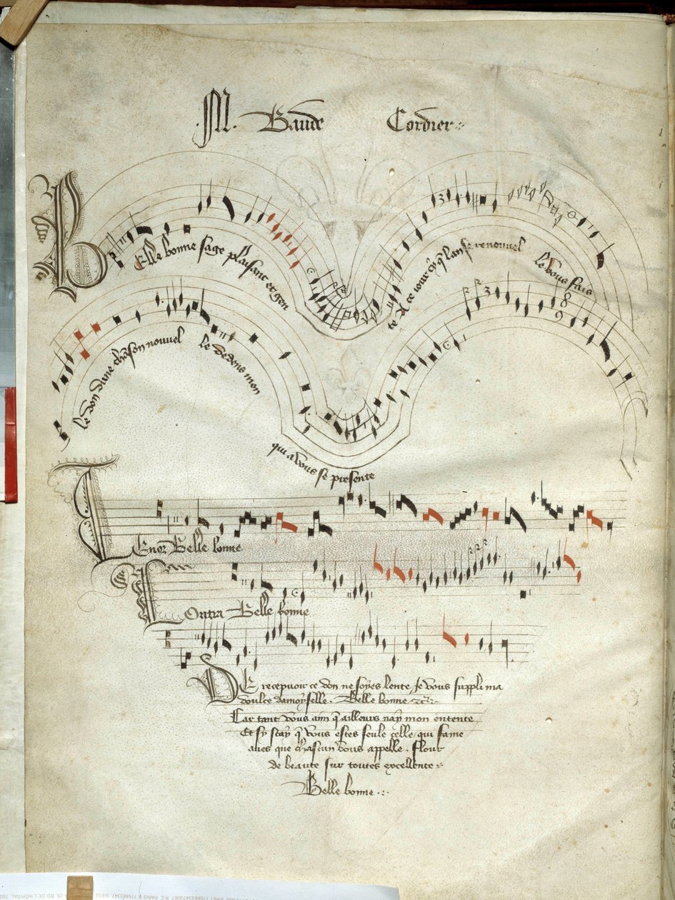 Kokoelma balladeja, motettoja ja lauluja Musiikkisivu Baude Cordierin (1380-1440) mustilla ja sinipunaisilla nuoteilla, nuotit 1400-luvun alkupuolelta. Chantilly, Conde-museo tekijältä French School