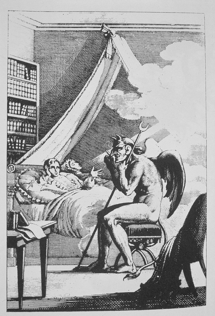 Collin de Plancy (1793-1887) keskustelemassa paholaisen kanssa, teoksesta Le Diable Peint par Lui-meme (1825), joka on kuvattu 1800-luvun lopulla julkaistussa taikuuden historiassa tekijältä French School