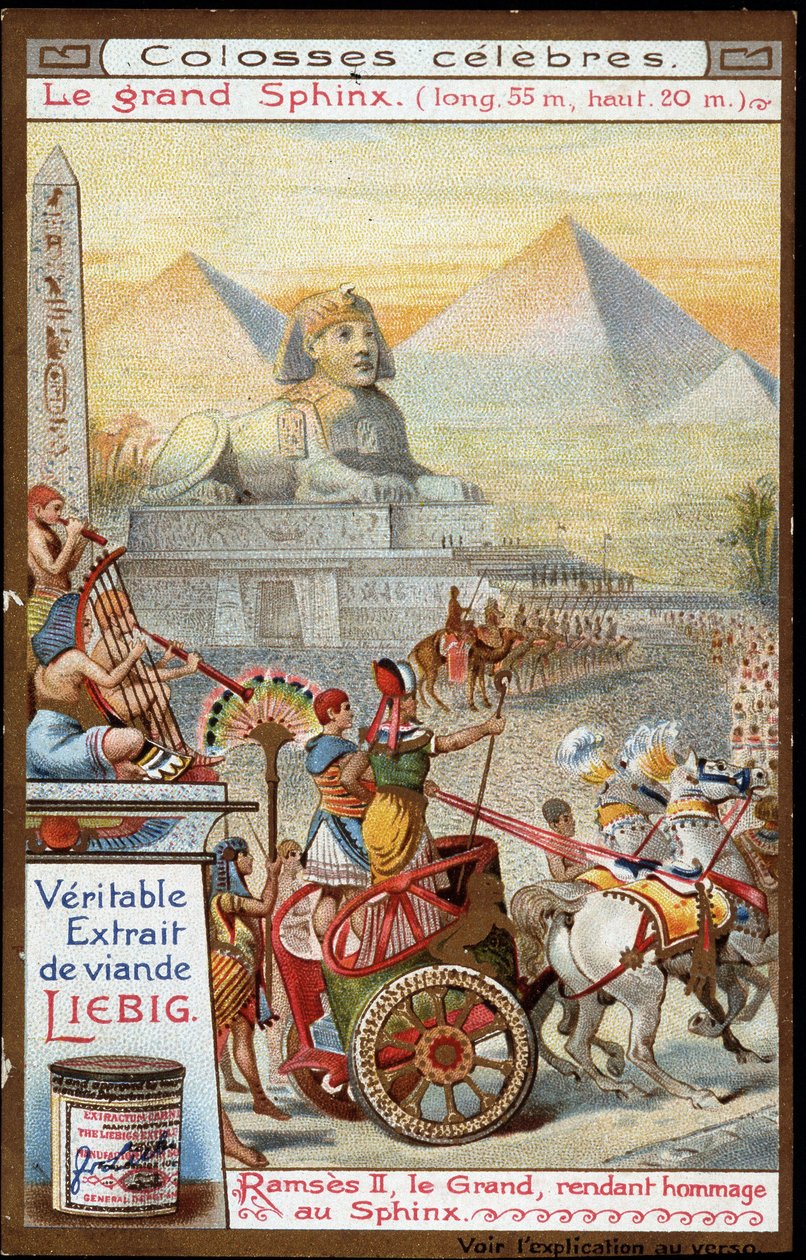 Kuuluisa kolossi: Suuri sfinksi (pitkä 55 m, korkea 20 m): Ramses II, Suuri, kunnioittaa sfinksiä - Liebigin kromolitografia. tekijältä French School