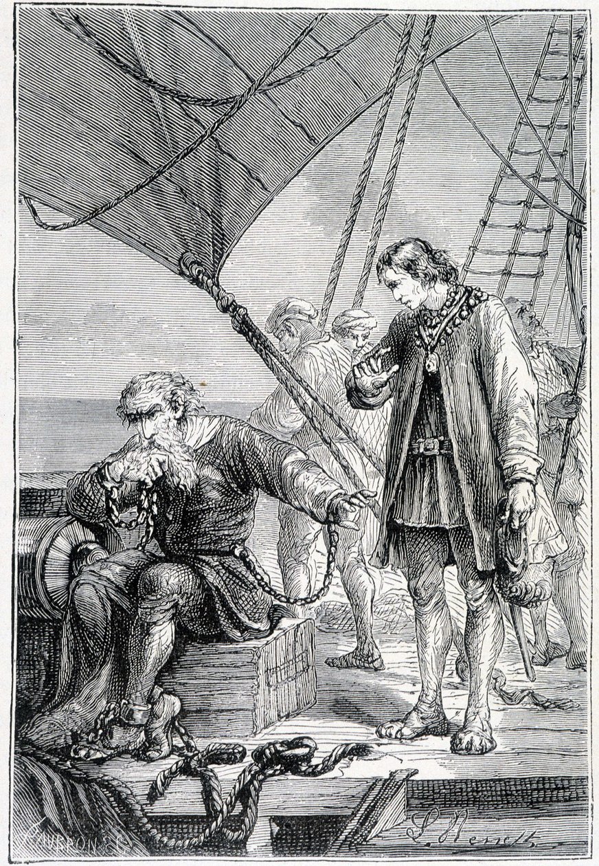 Kolumbus sidottu konnaksi (laivan kannella), sairas. Jules Vernen "" Discovery de la Terre" -toimittaja, toim. Hetzel, n.d. 19. tekijältä French School