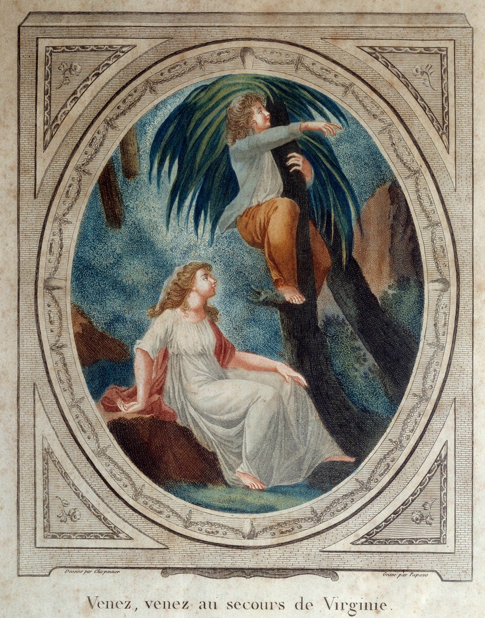 Tule, auta Virginiaa. Kuvitus Bernardin de Saint Pierren (1737-1814) romaanille "Paul ja Virginie". Kaiverrus vuodelta 1790. La Rochelle, New World Museum tekijältä French School