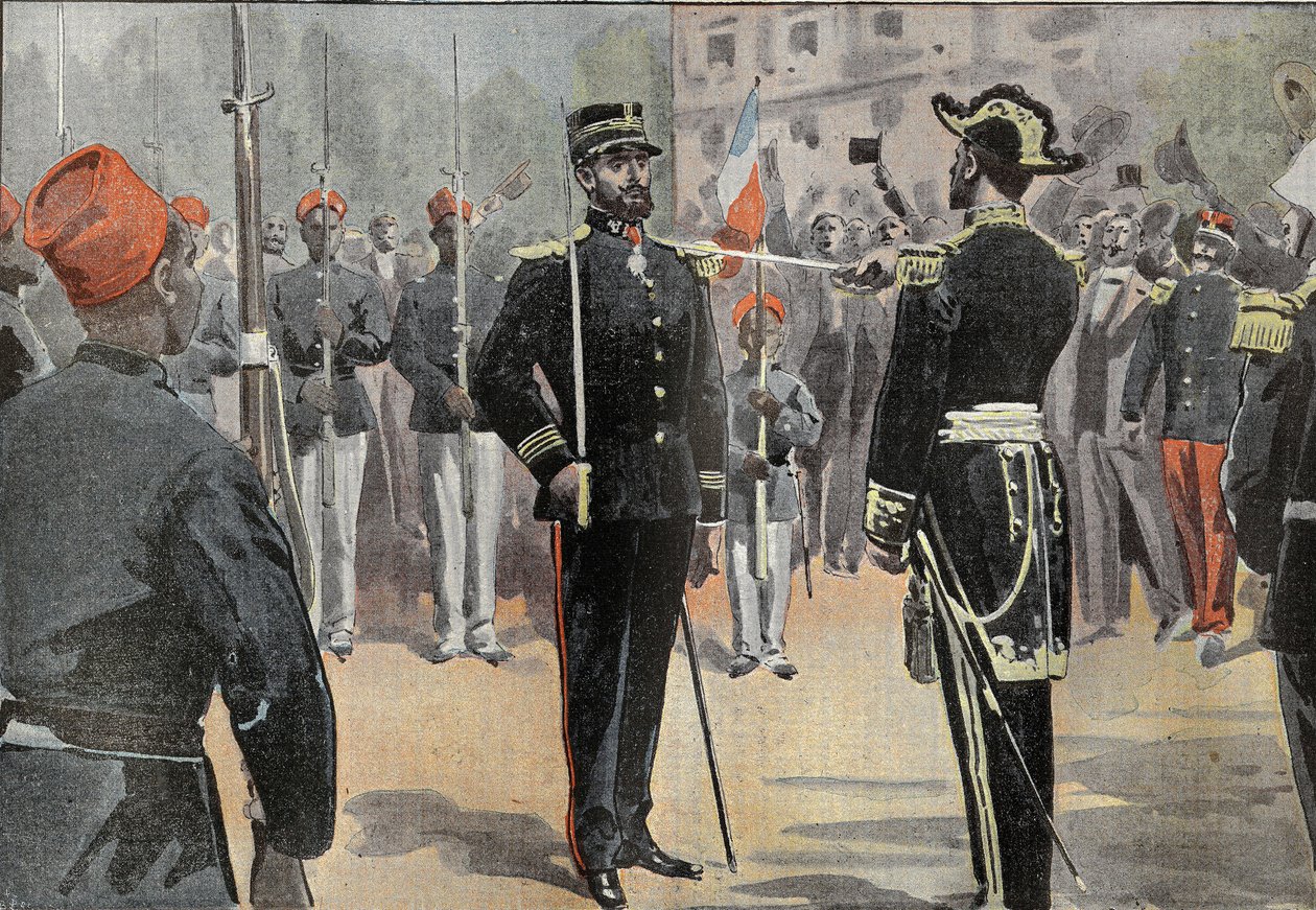 Komentaja Jean-Baptiste Marchand (1863-1934) sai Kunnialegioonan komentajan solmion 30. toukokuuta 1899 Toulonissa amiraali de La Jaillen (1836-1925) käsistä, joka ympäröi Afrikan tutkimusoperaation senegalilaisia ratsastajia. (Lähetysmarssi tekijältä French School