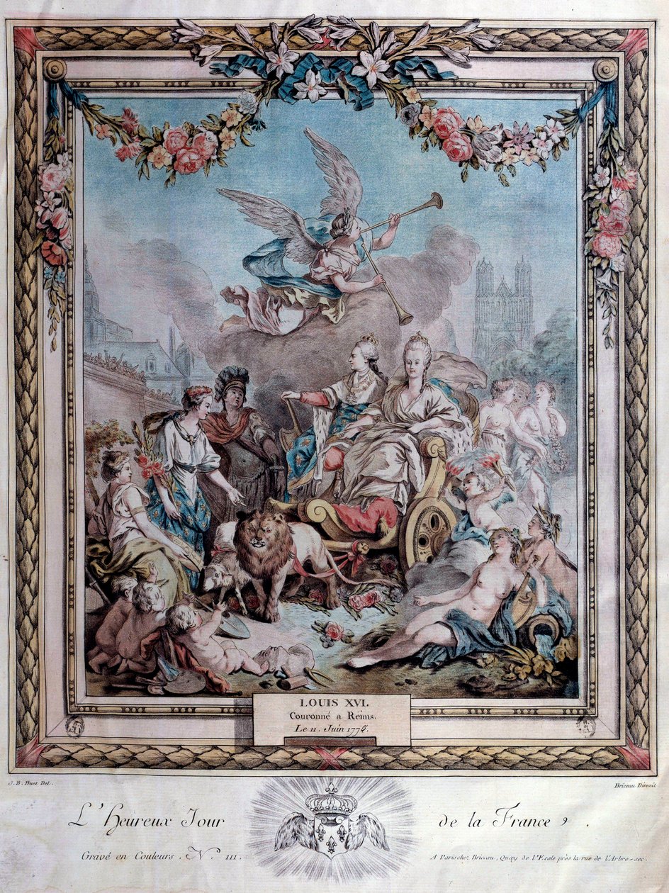 Ludvig XVI:n (1754-1793) kruunajaisten muistopäivä Reimsissä 6.11.1775. Kaiverrus. Pariisi. Arsenalin kirjasto tekijältä French School