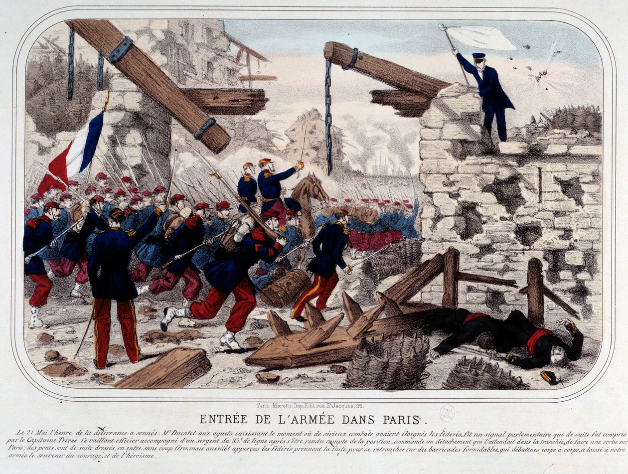 Commune de Paris: Versaillaise Armeen sisäänkäynti Pariisissa. Kaiverrus 1871. Paris, Musee Carnavalet tekijältä French School