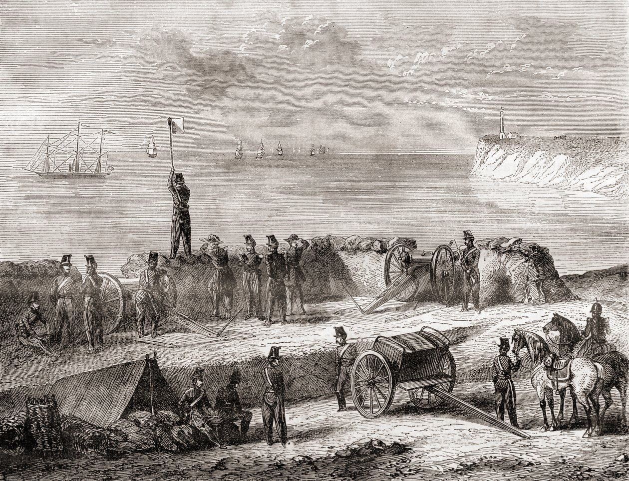 Satamaan saapuvan laivan ja maihinnousseiden joukkojen välinen yhteydenpito lippusemaforisähkötysjärjestelmän avulla, teoksesta Les Merveilles de la Science, julkaistu noin vuonna 1870 (kaiverrus). tekijältä French School