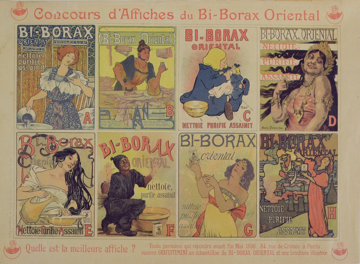 Kilpailu parhaasta julisteesta, joka mainostaa ranskalaista puhdistusainetta Bi-Borax Oriental, 1898 tekijältä French School