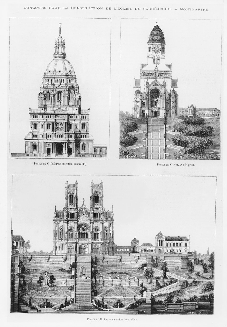 Kilpailu Montmartren Sacré-Coeurin basilikan rakentamisesta, suunnittelijat Monsieur Crépinet, Monsieur Moyaux ja Monsieur Magne, 1875 tekijältä French School