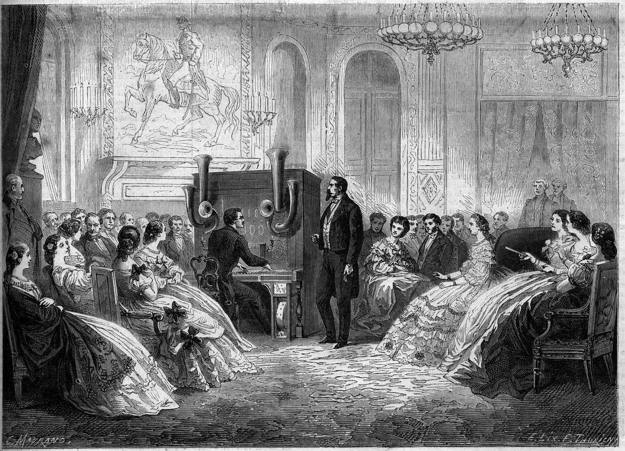 Sen keksijän J.B. Schalkenbachin "piano electromotor orchestra" -konsertti, läsnä Napoleon III ja Impress Eugenie de Montijo. Palais de Saint Cloud tekijältä French School