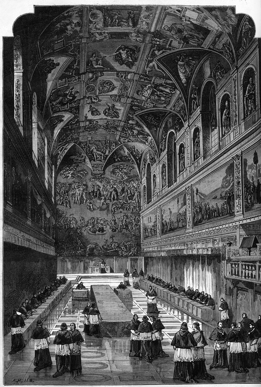 Konklaavi vuodelta 1878: näkymä Sikstuksen kappelin sisätiloihin äänestyksen aikana, jolla valittiin paavi Pius IX:n seuraaja Leon XIII. Kaiverrus "" Le Monde Illustré" -julkaisussa nro 1095, 23. maaliskuuta 1878. tekijältä French School