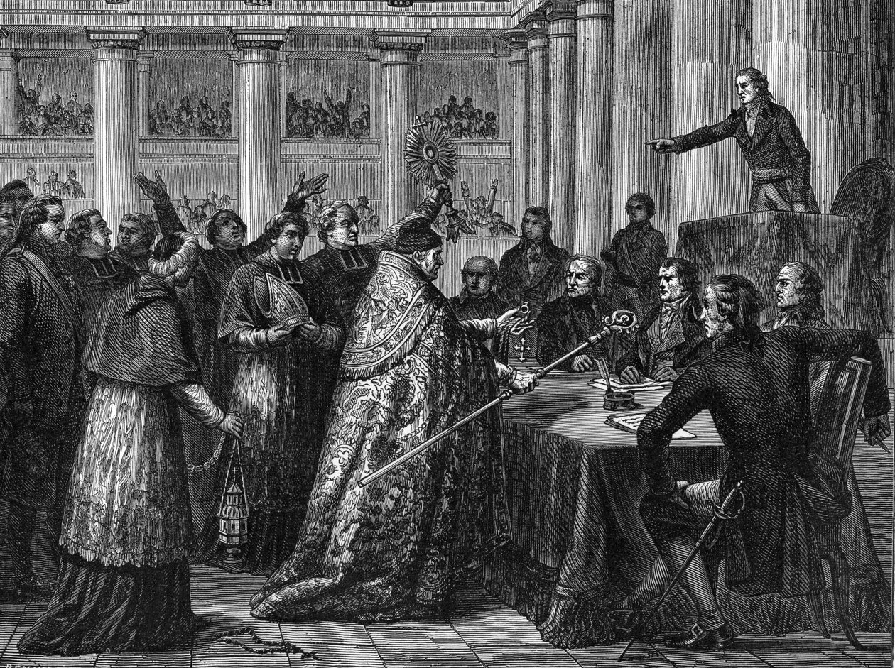 Konkordaatti vuodelta 1801 – Ranskan (Napoleon Bonaparten läsnä ollessa) ja Saint Siege (Saint Siege) välisen konkordaatin allekirjoitus (kaiverrus) tekijältä French School