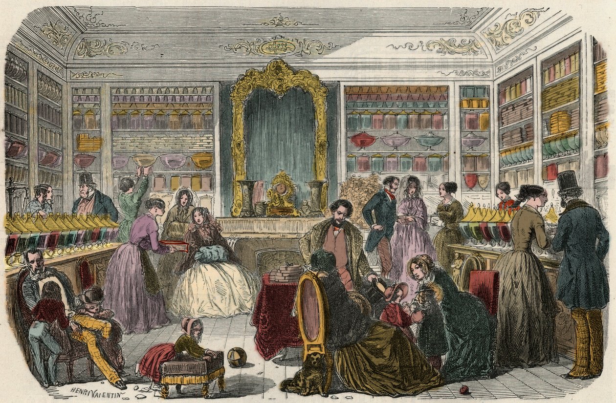 Makeisliike Pariisissa 1800-luvulla - Edmond Texierin kaiverrus "Tableau-de-Paris" 1852 tekijältä French School