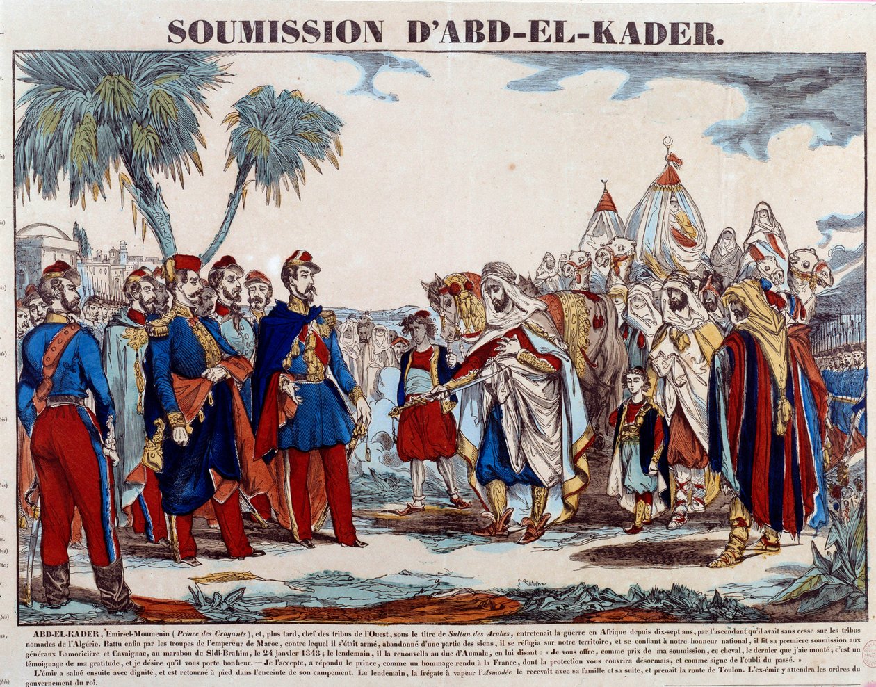 Algerian valloitus (1830-1847): Abd el Kaderin (Abd-el-Kader tai ibn Muhyi al-Din al-Hasani) (1807-1883) alistuminen Aumalen herttualle ja Ranskan armeijalle 24.1. /1848. Kaiverrus 1800-luvun lopun yksityiskokoelmasta tekijältä French School