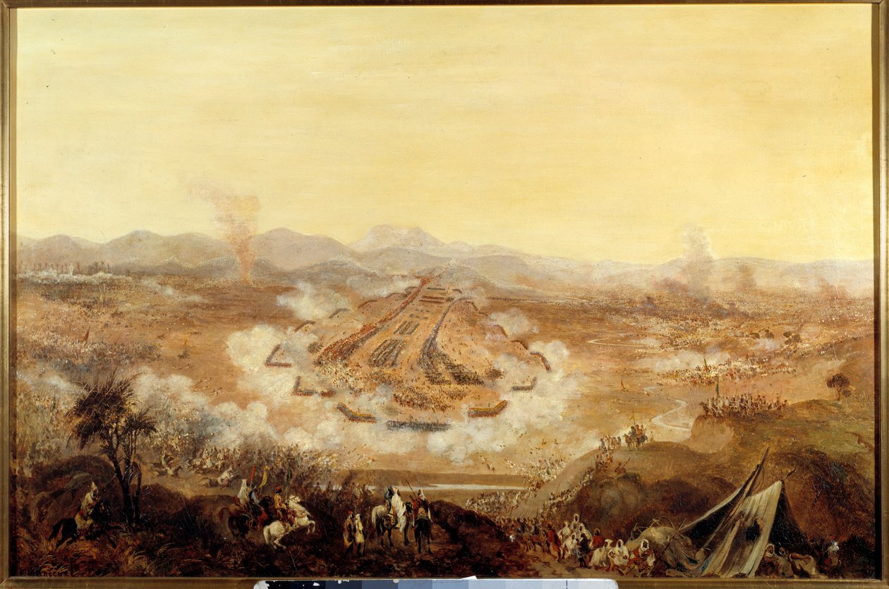 Algerian valloitus: "" Islyn taistelu 16.8.1844 esittäen marokkolaisia tukemassa Abd el Kaderia ranskalaisille"" Maalaus ranskalaisesta koulusta. 1844 Pariisi, Musee de l