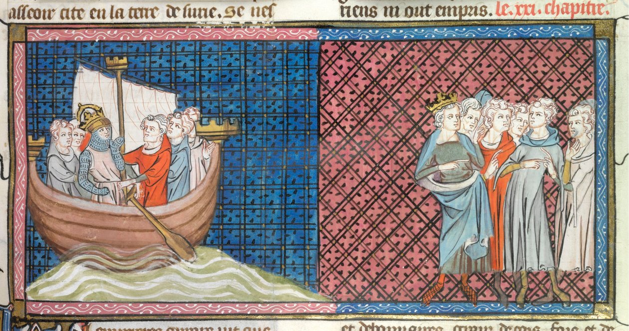Conrad III ja Ludvig VII lähtevät, kuvitus Chroniques de France ou de Saint Denisistä (vellum) tekijältä French School