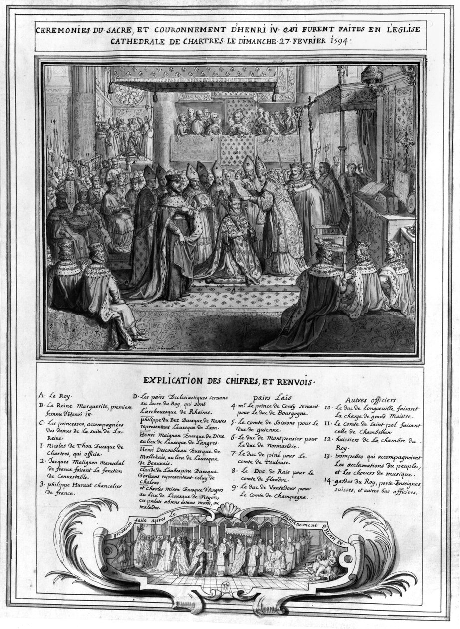 Henri IV:n (1553-1610) vihkiminen ja kruunaus Chartresin katedraalissa 27. tammikuuta 1594, 1500-luvun lopulla tekijältä French School