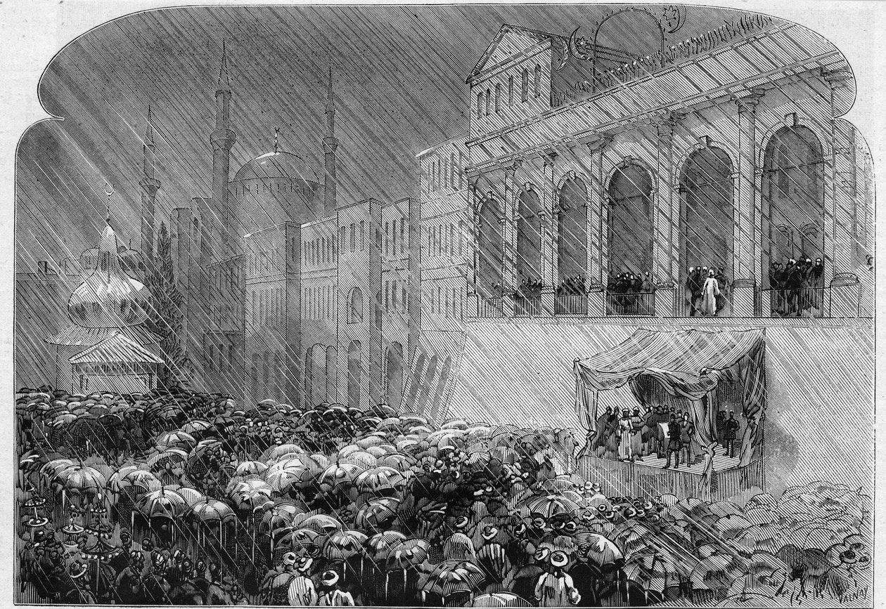 Konstantinopoli, 23. joulukuuta 1876: Ottomaanien perustuslain julistus Sublime Porten pihalla. Kaiverrus "" Le Monde Illustré" -julkaisussa nro 1031, 13. tammikuuta tekijältä French School