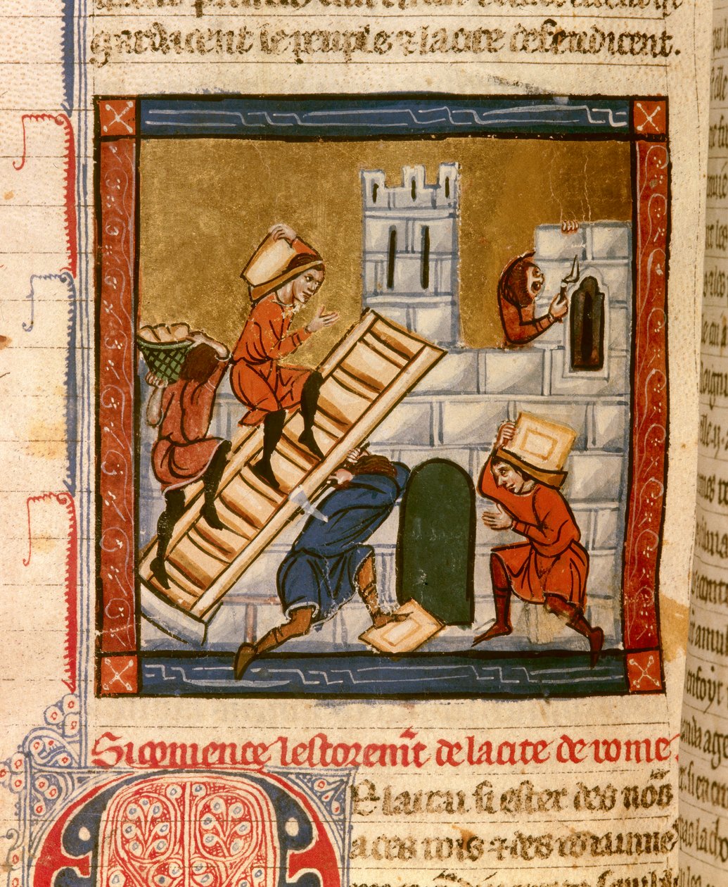 Rooman rakentaminen. Pienoiskuva käsikirjoituksesta "Histoire ancienne à la Cesar", noin 1260-1270, jonka on kirjoittanut Roger IV:n, Lillen Chatelainin (1208-1230) hovin palveluksessa oleva virkailija, kirjoittaja voisi olla johonkin Denainin Wauchierista tekijältä French School