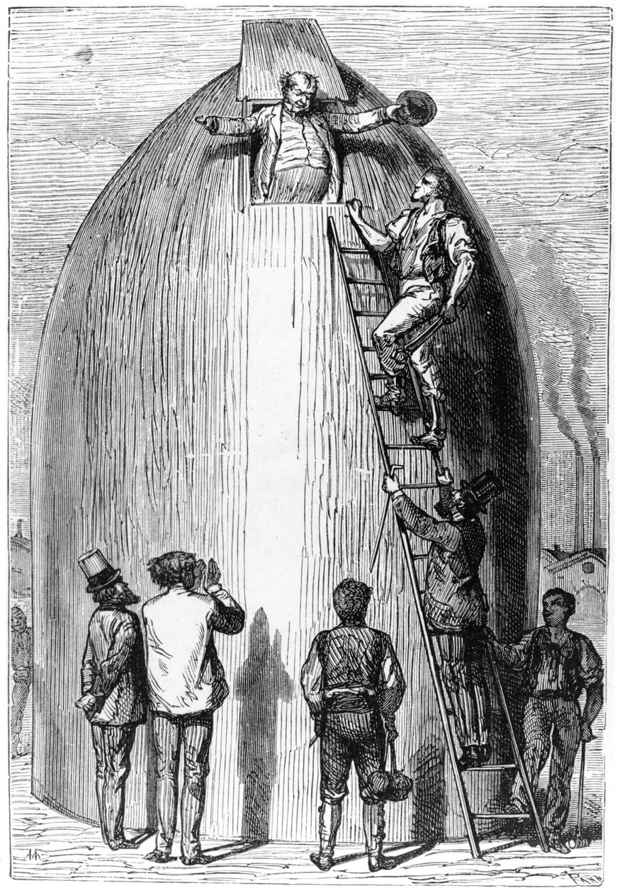 Raketin rakentaminen, kuvitus teoksesta Maasta kuuhun Jules Verne (1828-1905) Paris, Hetzel, julkaistu vuonna 1865 tekijältä French School