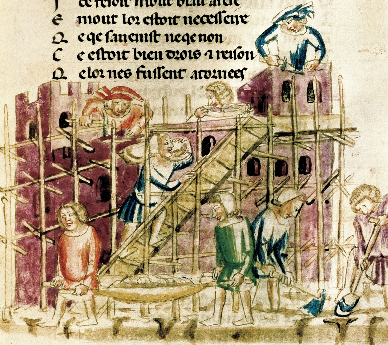 "Linnakkeen rakentaminen" Pienoiskuva 1300-luvun käsikirjoituksesta Paris, B.N. tekijältä French School