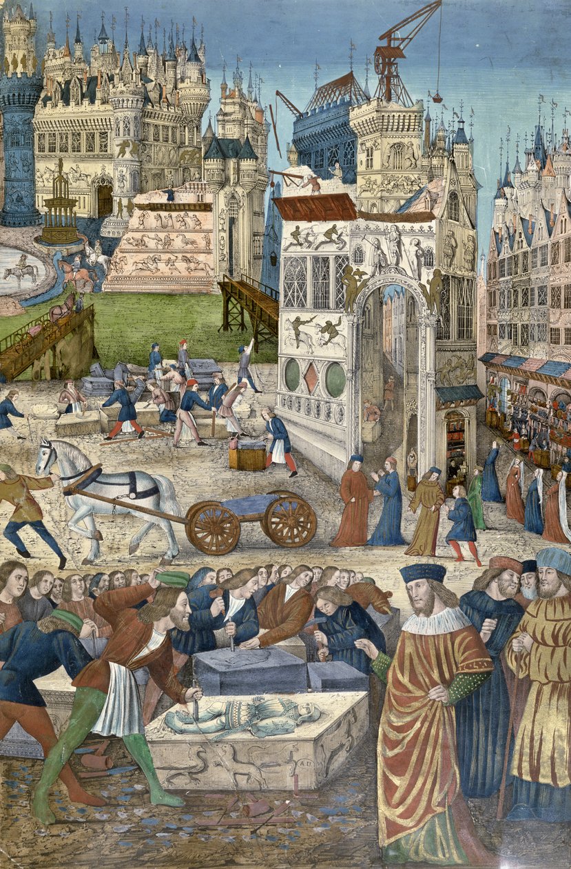 Salomon temppelin rakentaminen Jerusalemiin (värikaiverrus) tekijältä French School
