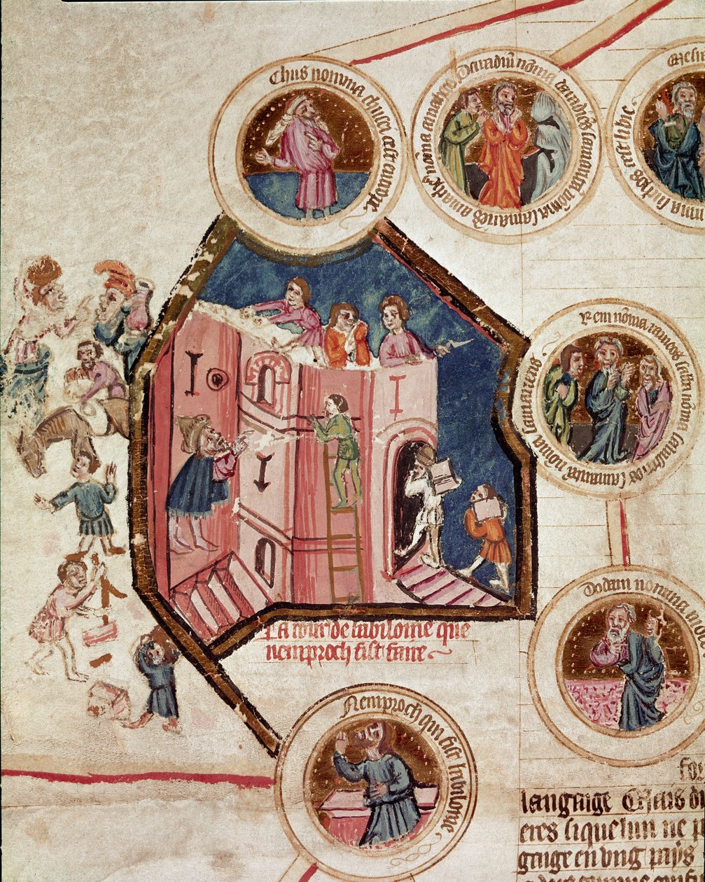 Baabelin tornin rakennustyömaa Babyloniassa Sivu on otettu ranskalaisen koulukunnan käsikirjoituksesta "Genealogy de la Bible". 1300-luvun Cremone, biblioteca governativa. tekijältä French School
