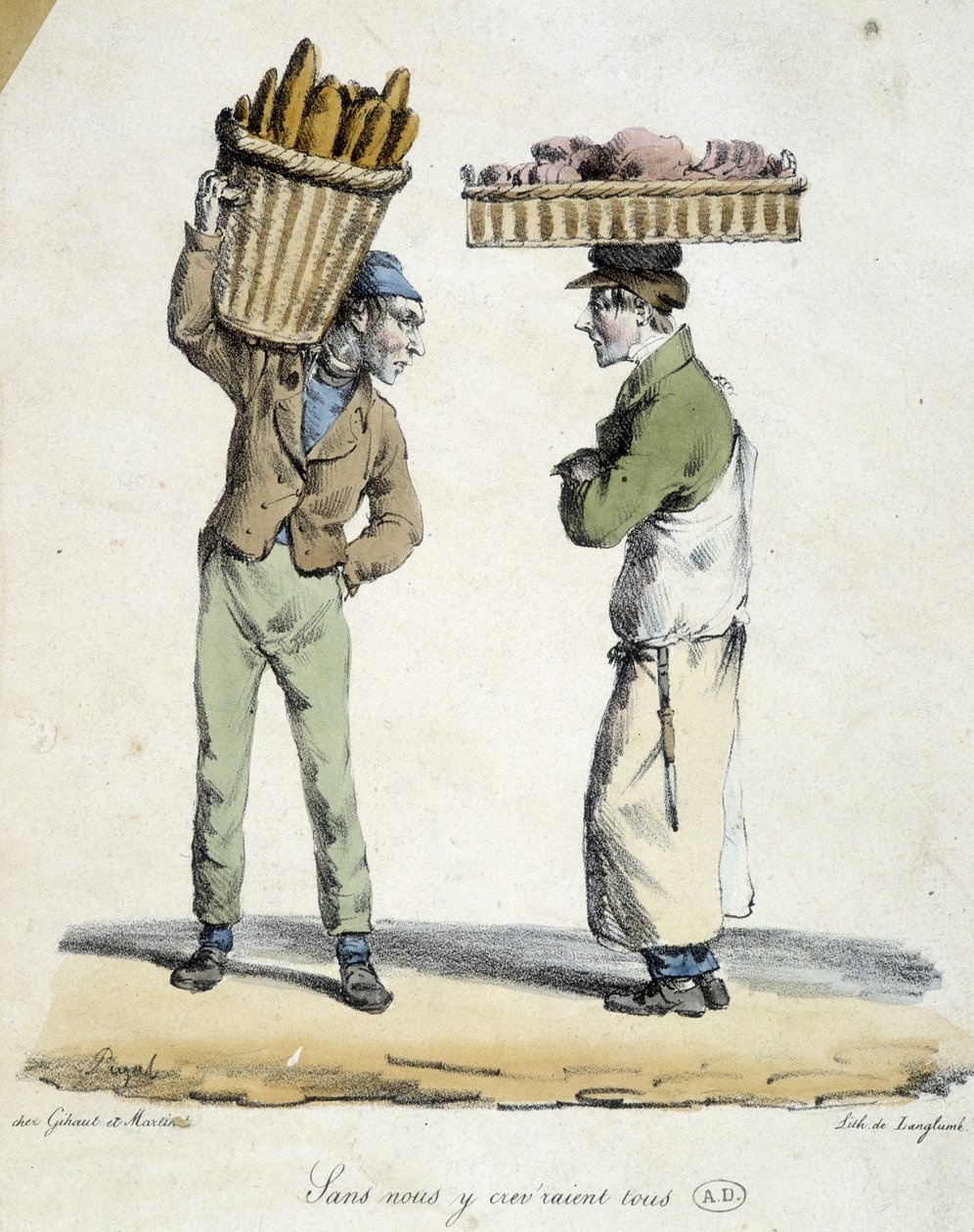 Leipurin ja herkkukaupan välinen keskustelu: ”Ilman meitä kuolisimme kaikki! "". Kaiverrus 1800-luvulta. tekijältä French School