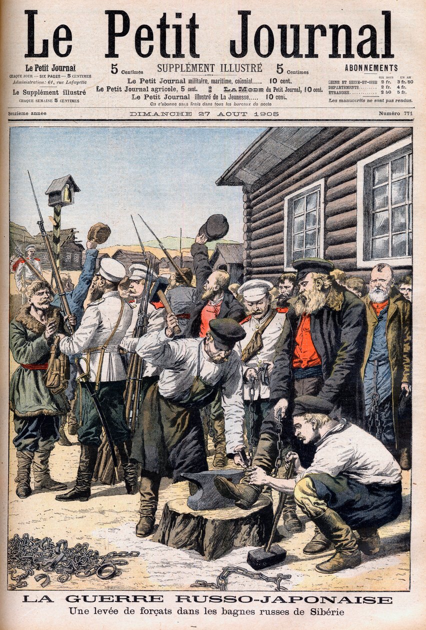 Siperian vankeja asetellaan taistelemaan Venäjän ja Japanin sotaan. Venäjän-Japanin sota. Forkattien nousu Siperian venäläisissä bagnesissa. Kuvitus Le petit Journaliin, 27. elokuuta 1905. tekijältä French School