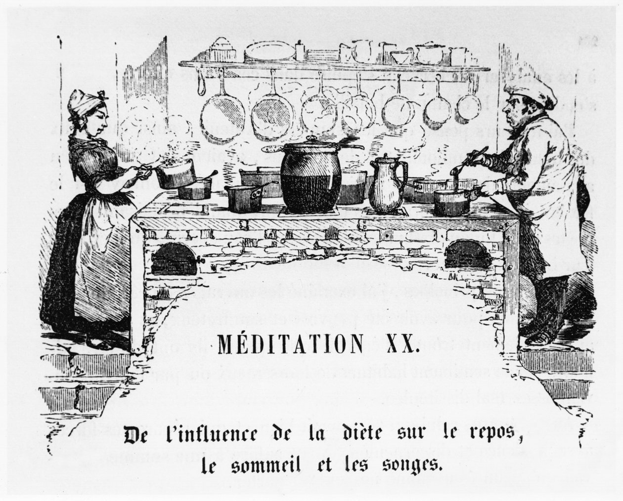 Ruoanlaitto, kuvitus teoksesta La Physiologie du Gout, ou Meditations de Gastronomie, Anthelme Brillat-Savarin (1755-1826) tekijältä French School